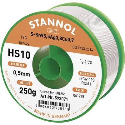 Žica za lemljenje s natpisom 'STANNOL ALLOY HS10'. Promjer: 0,5 mm. Masa: 250 g. Napravljeno u Njemačkoj. ISO 9453:2014.