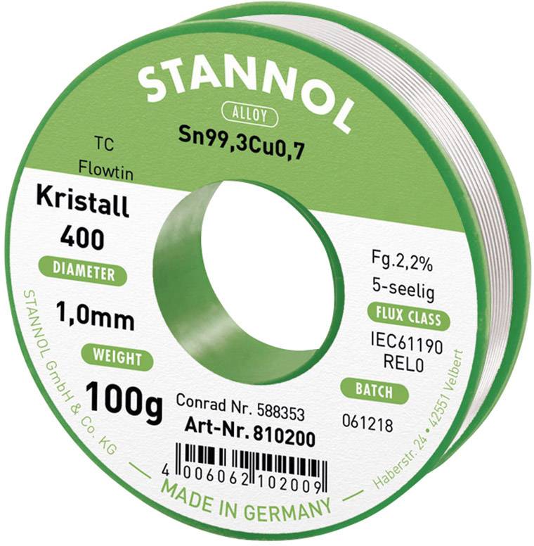 Rolna lemnog kalaja marke 'Stannol' mase 100g, promjera 1mm. Legura: Sn99,3Cu0,7. Flux: 2,2%, Klasa: RE L0. Proizvedeno u Njemačkoj.