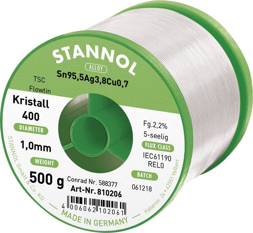 Žica za lemljenje marke Stannol, model Kristall 400, promjera 1,0 mm, težine 500 g, sa 95,5% kalaja, 3,8% bakra.