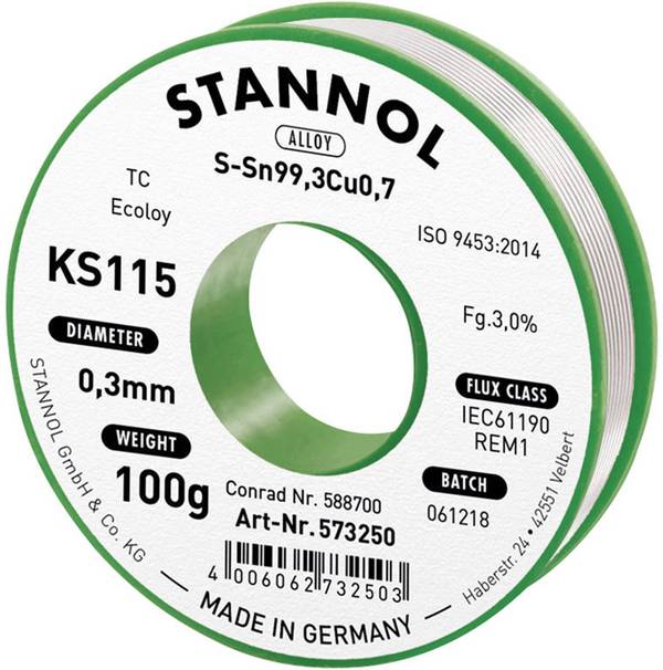Stannol KS115 lemna žica, bezolovna svitak  Sn99,3Cu0,7 ROM1 100 g 0.3 mm