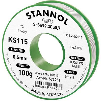 Kolutica lemnog kalaja s natpisom 'STANNOL' i 'S-Sn99,3Cu0,7'. Masa: 100g, promjer: 0,5mm, flux: 3%. Napravljeno u Njemačkoj.