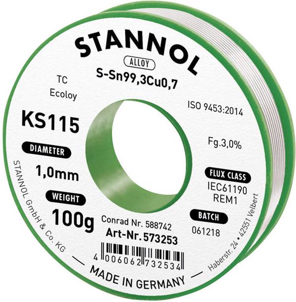 Stannol KS115 lemna žica, bezolovna svitak  Sn99,3Cu0,7 ROM1 100 g 1 mm