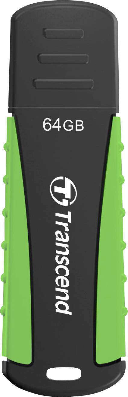 USB stick kapaciteta 64GB marke Transcend, dizajniran u crnoj i zelenoj boji, s uočljivim strukturiranim dizajnom.