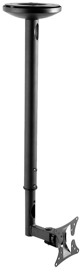 Crna, podesiva stropna nosač za monitore ili TV-e, sa stabilnom bazom i fleksibilnim zglobnim krakom za postavljanje.