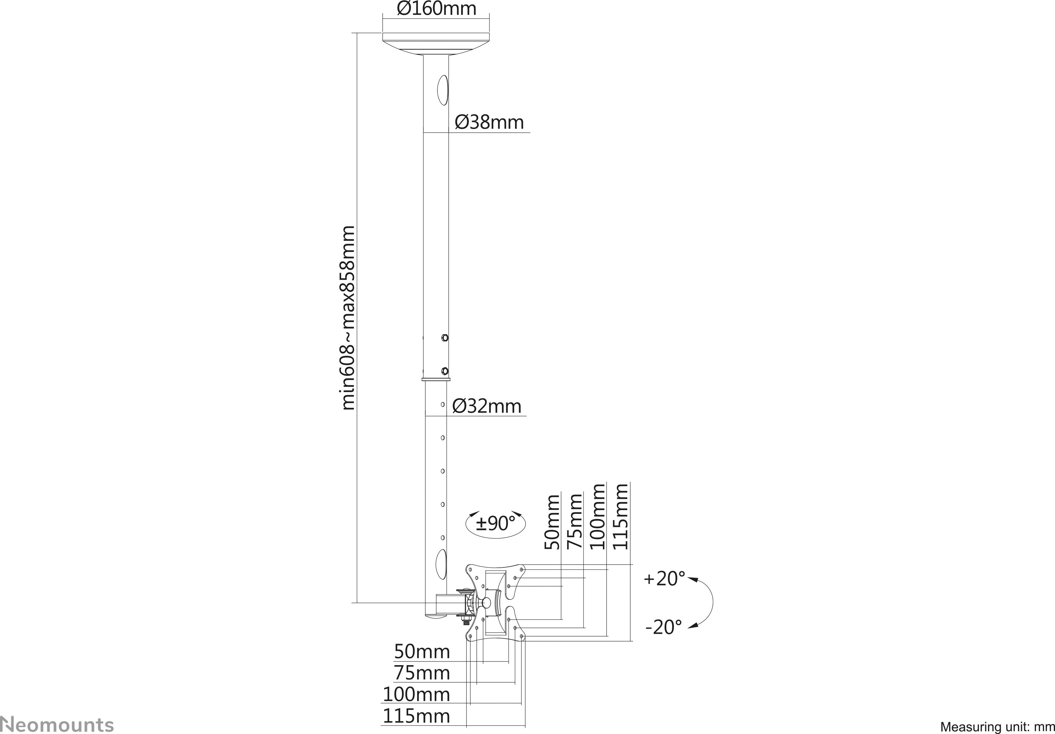 'Neomounts-nosač za strop', dimenzije: promjer 160 mm gore, cijev 38 mm, nosač 32 mm. Visina min. 680 mm, maks. 858 mm. Nagib +20°, -20°.