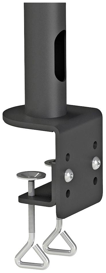 Nosač za pričvršćivanje na stol sa dvije vijčane stezaljke i crnom metalnom rukom. Pogodan za postavljanje monitora ili lampe.