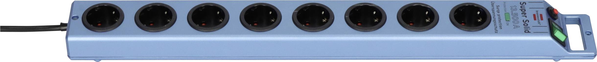 Plava razdelnica sa osam utičnica sa kablom za napajanje, zelenim svetlećim klapnim prekidačem i malim indikatorom stanja na desnom kraju.