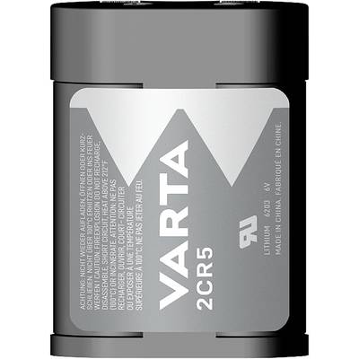 Litij-baterija tvrtke VARTA, model 2CR5, 6V, izrađena u Kini. Važne sigurnosne i upute za punjenje su otisnute.