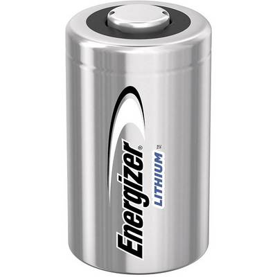 Srebrna litij-baterija marke Energizer, vertikalno postavljena, s crnim i plavim tekstom.