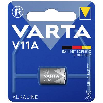 Pakiranja VARTA V11A alkalne baterije. Tekst 'Stručnjaci za baterije od 1887.' je vidljiv. Sadrži napomenu o sigurnosti za djecu.
