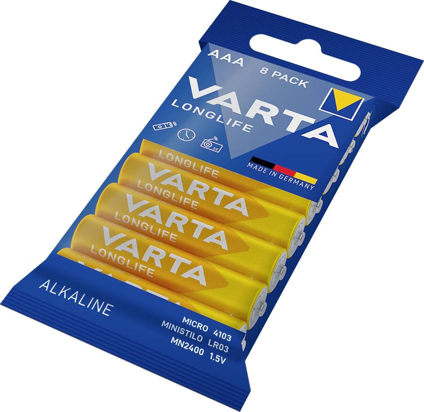 Paket s osam AAA baterija marke Varta. Natpis 'Longlife' i 'Made in Germany'. Baterije su alkalijske.