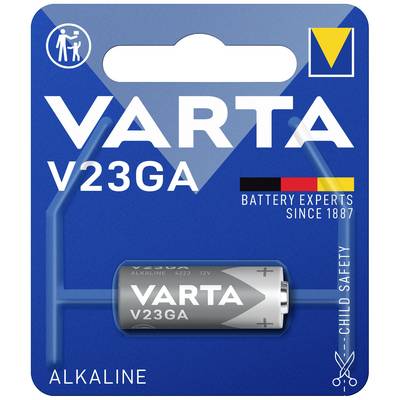 'VARTA V23GA' alkalna baterija u pakiranju s tekstom 'Battery Experts Since 1887'. Sigurno za djecu. Dizajn uključuje njemačku zastavu.