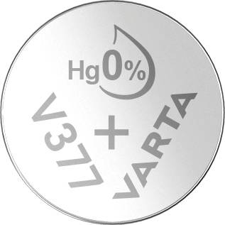 'Okrugla srebrna baterija s natpisom Hg 0% V377 VARTA'
