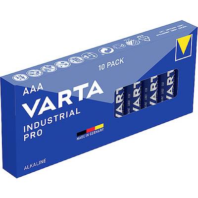 Paket od deset Varta AAA alkalnih baterija, pakiran u plavu ambalažu s natpisom 'Industrial Pro' i oznakom 'Made in Germany'.