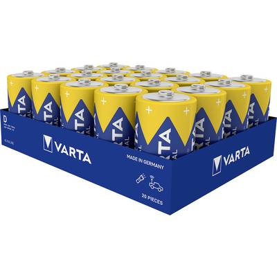 Karton s 20 žutih VARTA alkalnih D-baterija, stiliziranim simbolom energije i vozila. Proizvedeno u Njemačkoj.