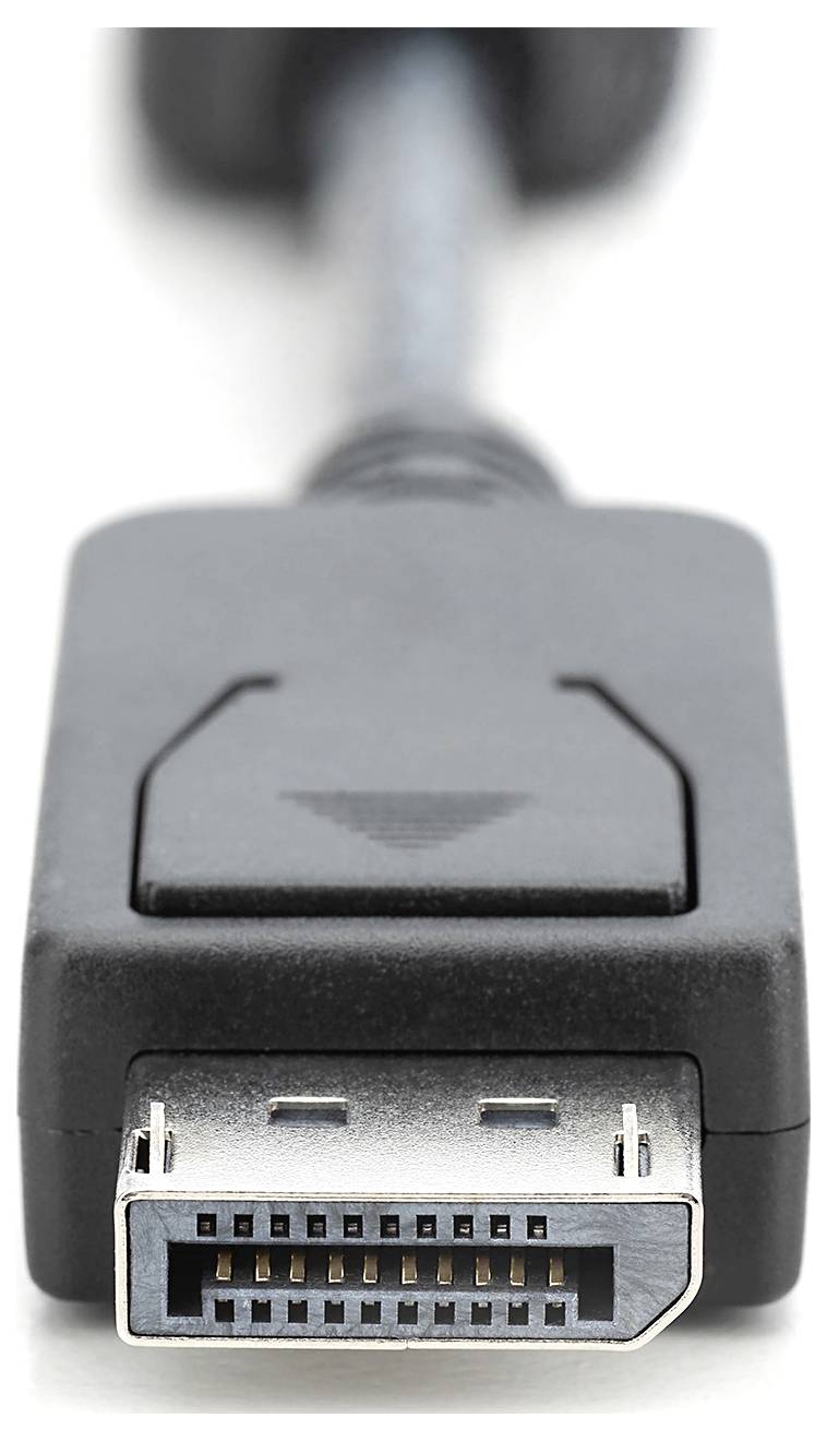 Crno DisplayPort kabel čiji je utikač vidljiv u prvom planu. Služi prijenosu audio i video signala.