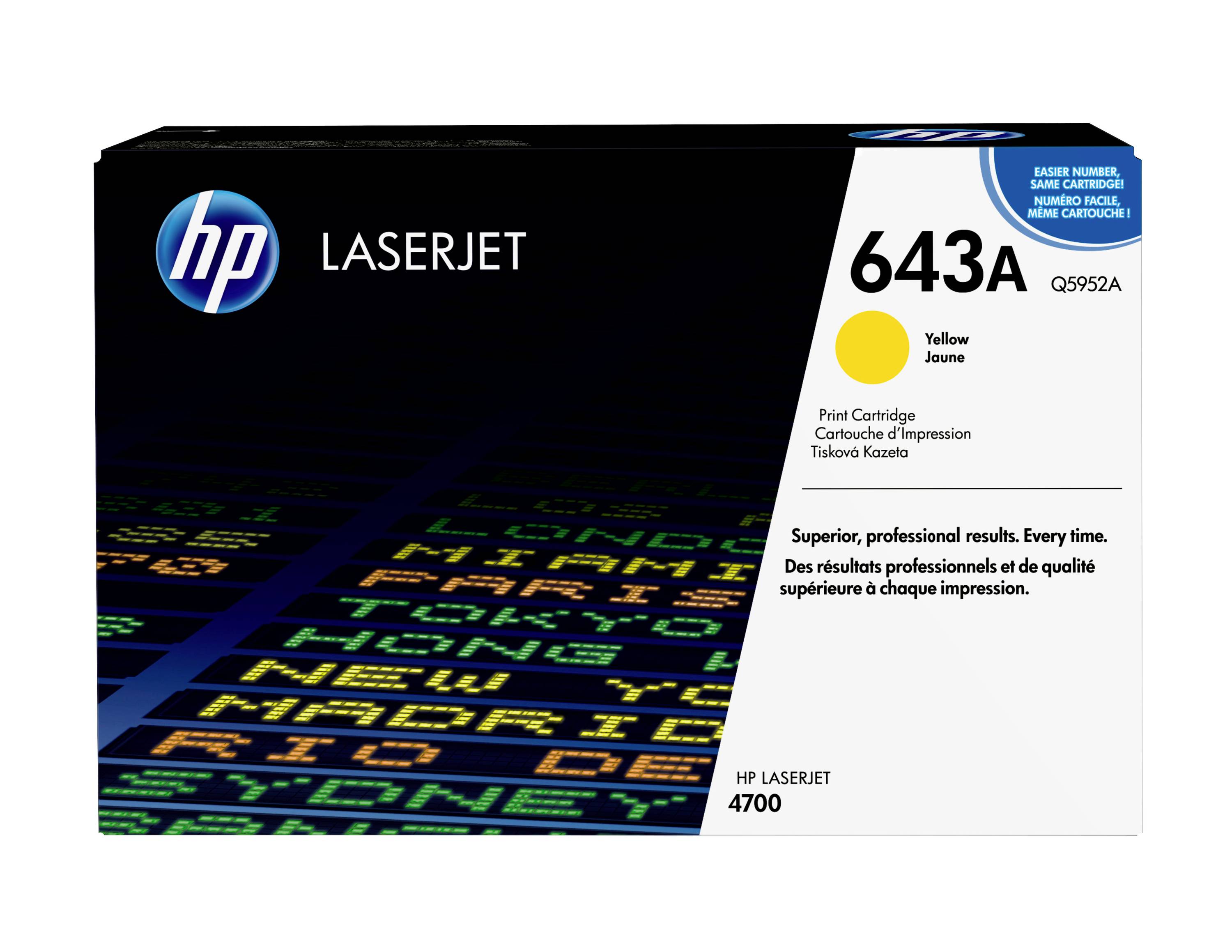 HP LaserJet 643A kutija žute tonerske kasete za LaserJet 4700 pisače, s HP logotipom i brojem proizvoda Q5952A.