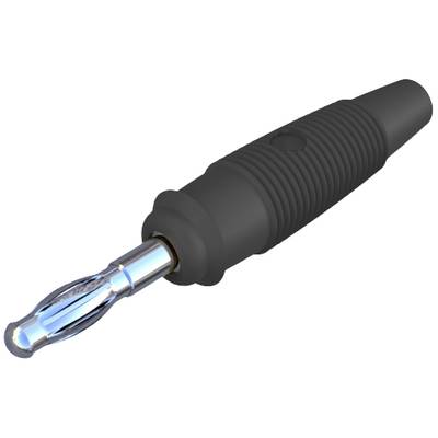 Crni bananasti utikač s rebrastom ručkom i srebrnim vrhom, korišten za električne spojeve.