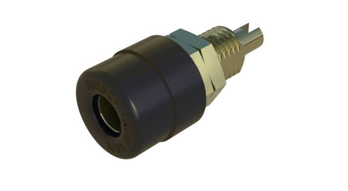 Cilindrični metalni utikač s crnom plastičnom kapom. Na kraju ima navoj koji omogućava ugradnju u uređaje.
