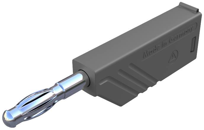 Sivi adapter s metalnim utikačem označen kao 'Made in Germany'.