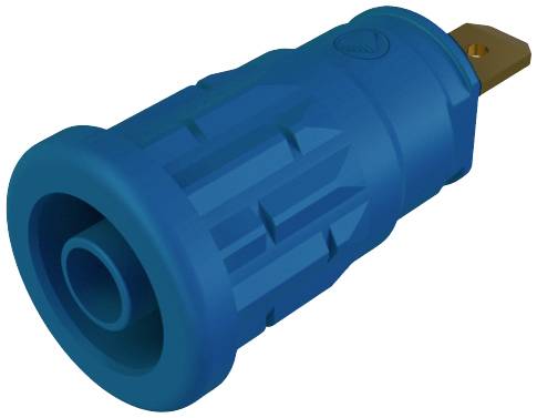 Plavi, cilindrični utikač s rebrasto površinom i jednim kontaktnim priključkom. Koristi se za električne spojeve.