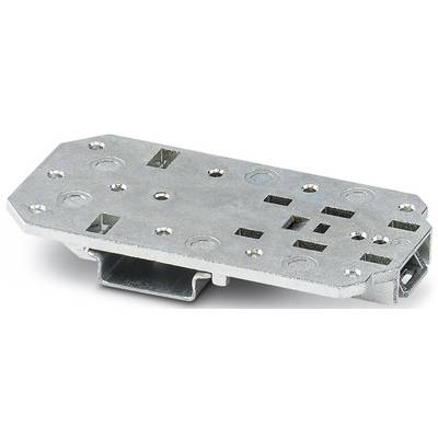 Srebrna metalna ploča s nekoliko okruglih rupa i pravokutnih otvora. Postavljena je under kosim kutom.