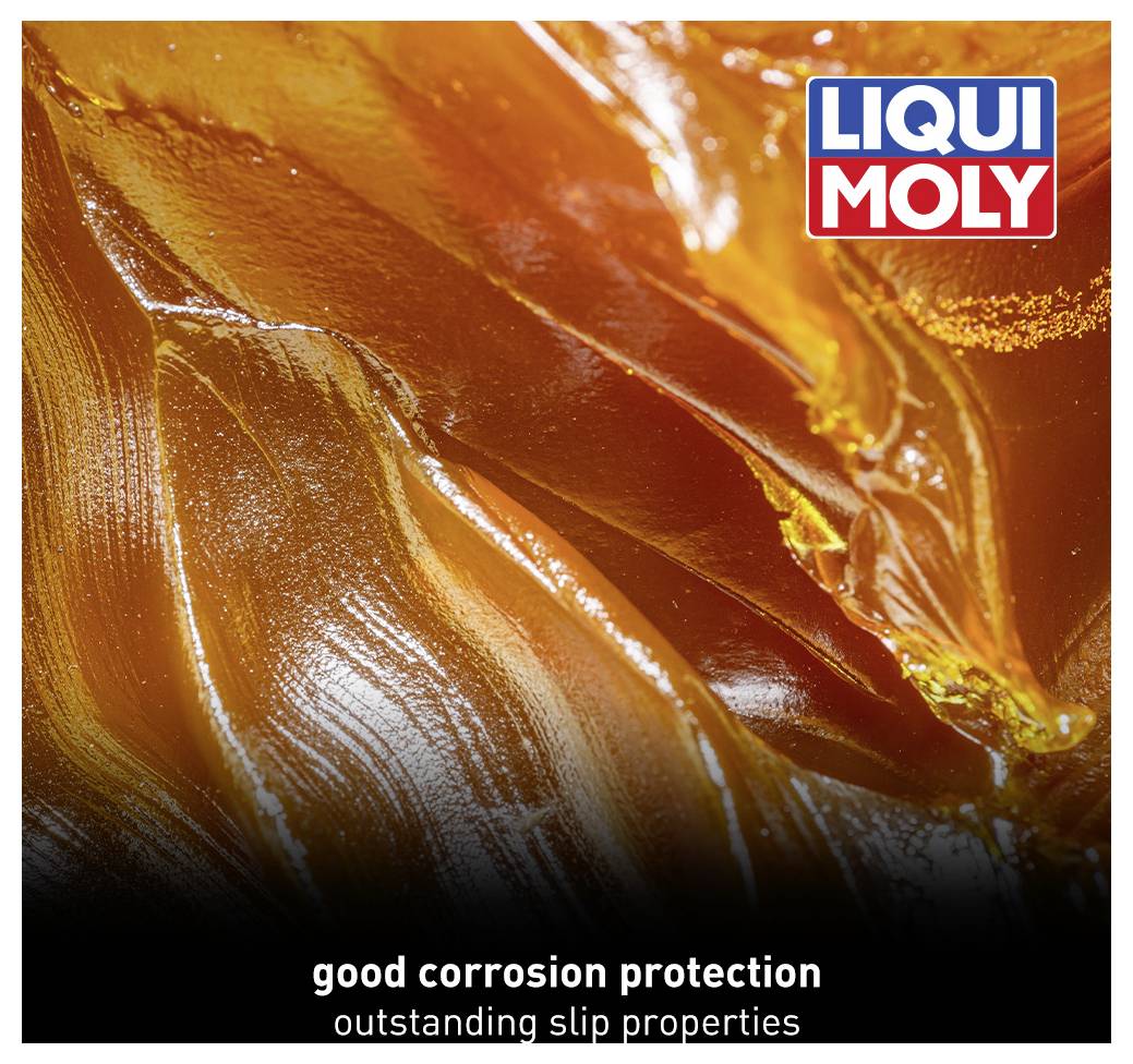 Bliski kadar mazive paste narančaste boje. Gore desno logo Liqui Moly. Tekst ispod: 'dobra zaštita od korozije, izvrsna sposobnost klizanja'.