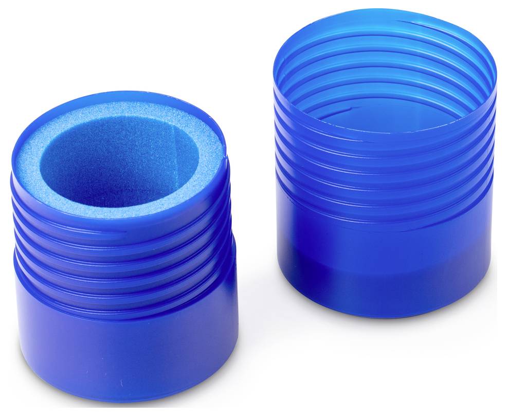 Dva plava plastična poklopca, jedan s umetkom od pjenaste mase. Pogodni su za brtvljenje i zatvaranje posuda.
