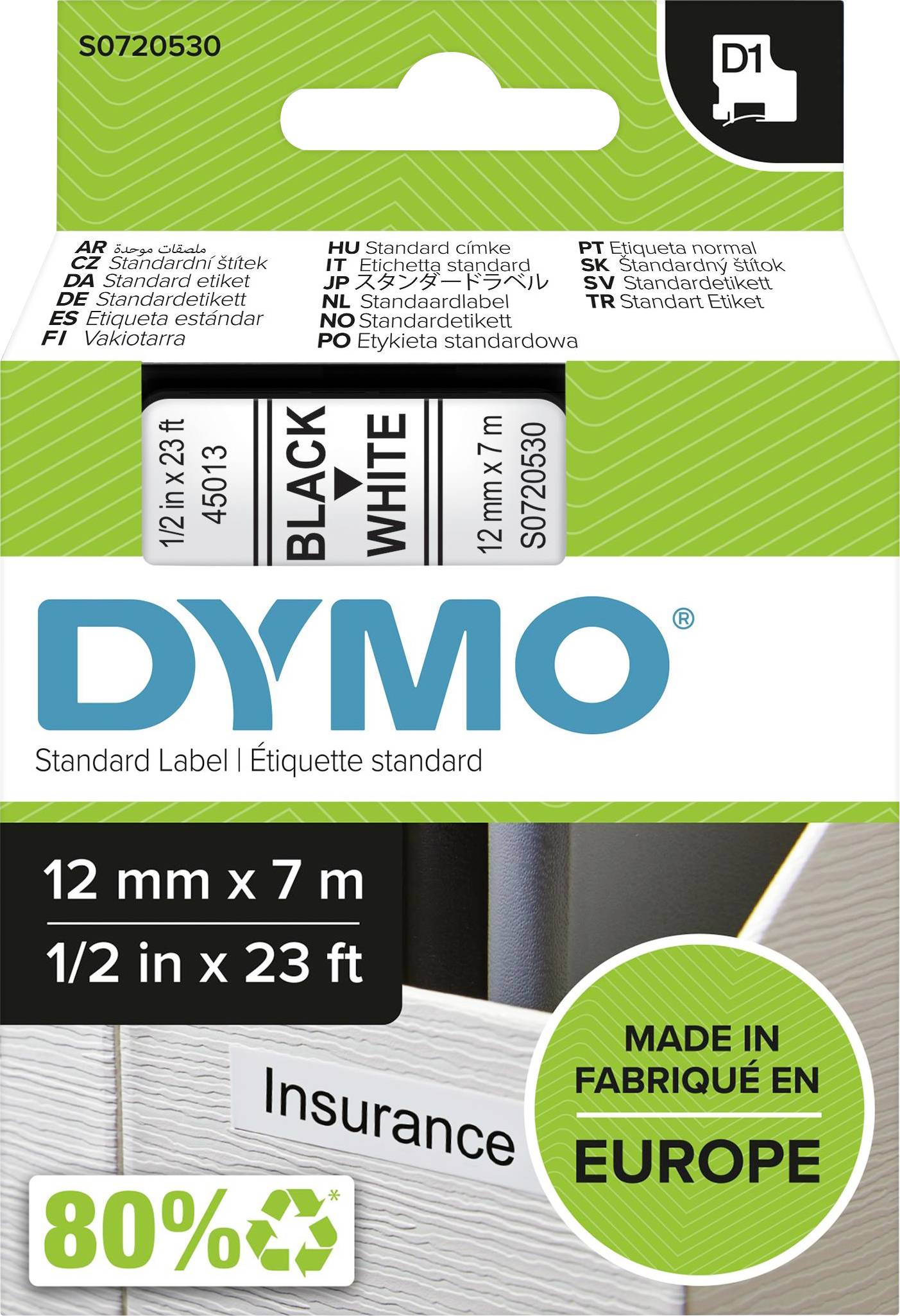 Naljepnica za pakiranje 'DYMO'-a za crne standardne naljepnice na bijeloj podlozi. Veličina: 12 mm x 7 m. Izrađeno u Europi, 80% recikliranog sadržaja.
