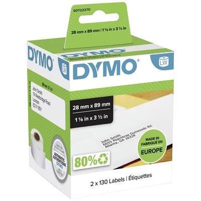 Ambalaža role DYMO naljepnica, 28 mm x 89 mm. Sadržava 2 role s po 130 naljepnica. Izrađeno u Europi, 80% reciklabilno.