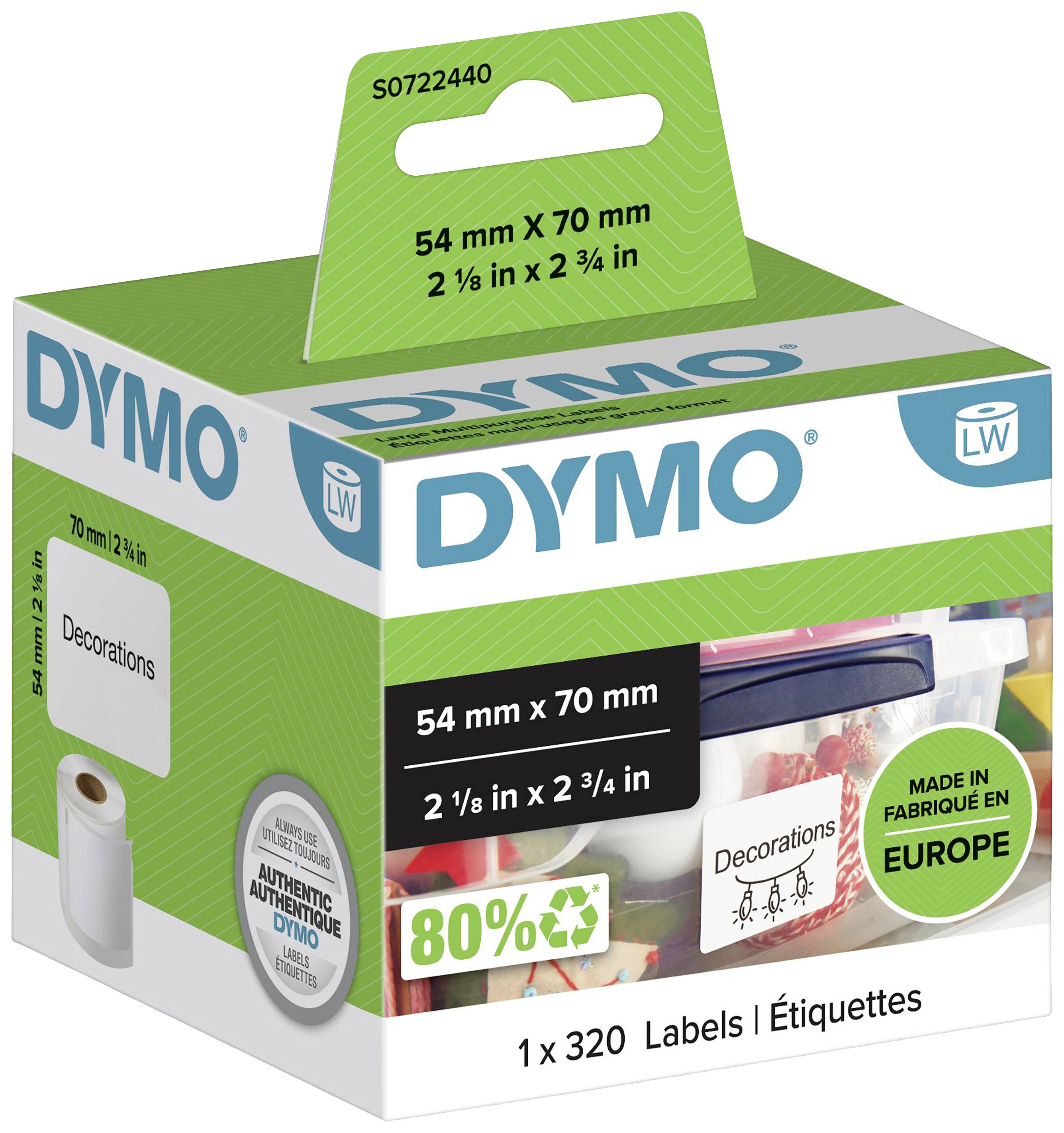 DYMO kutija naljepnica sa 320 bijelih naljepnica, veličine 54 mm x 70 mm. 80% recikliranog materijala, izrađeno u Europi.
