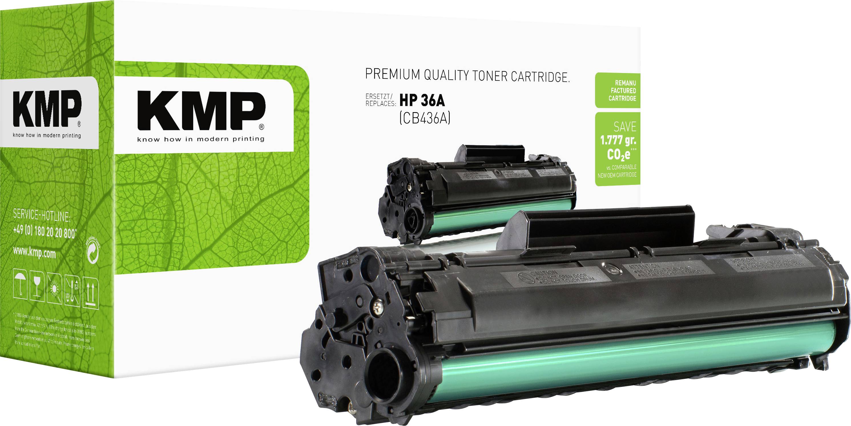 KMP premijska kvaliteta toner kazeta ambalaža i dvije crne toner kazete, označene kao HP 36A (CB436A).
