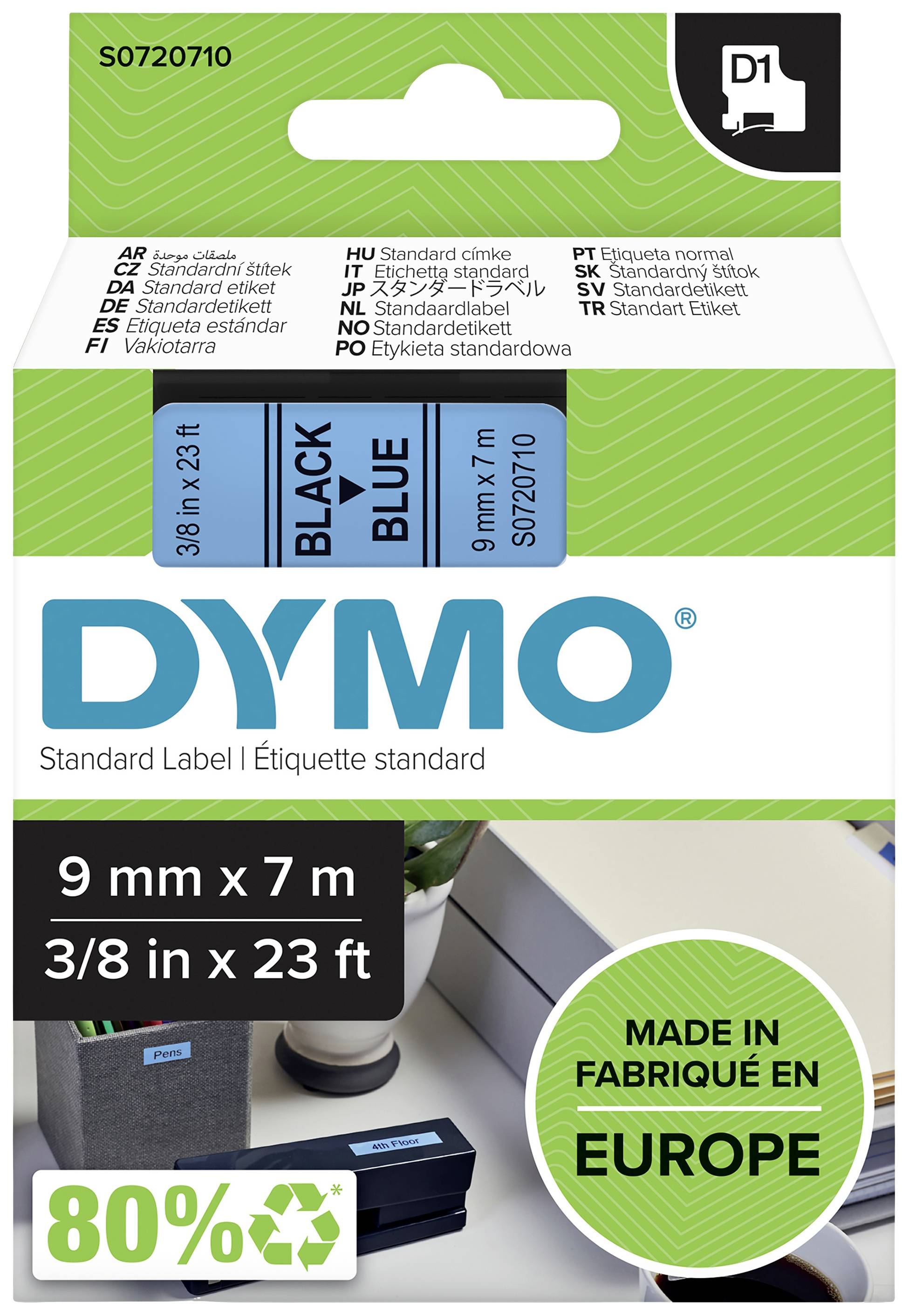 Ambalaža za DYMO standardne naljepnice, plava i crna boja, 9 mm x 7 m. Izrađeno u Europi. 80% recikliranog materijala.