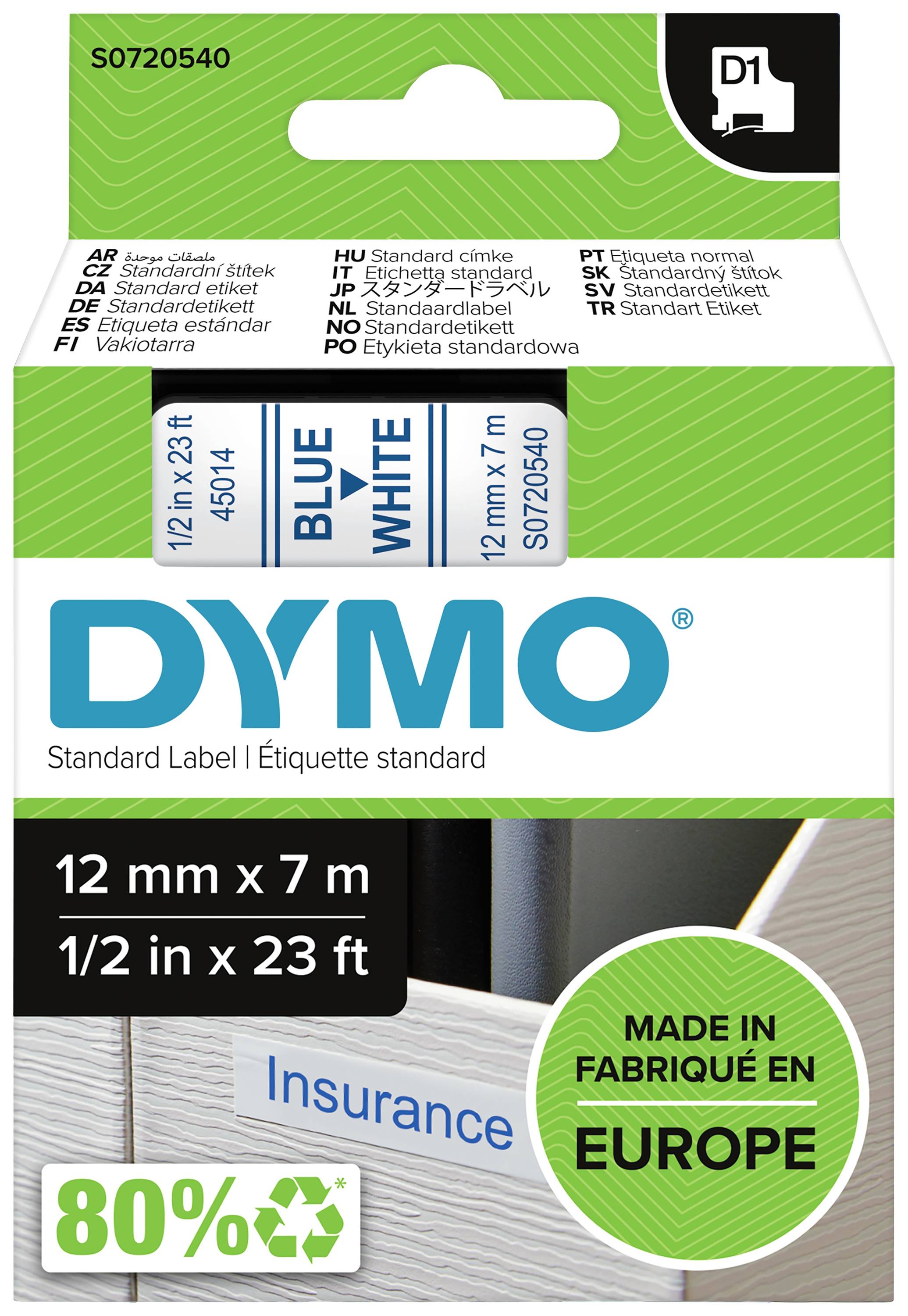 Dymo naljepnična traka, plavo-bijela, 12 mm x 7 m, za uređaje za označavanje. Pakiranje naglašava održivost s 80% recikliranog materijala.