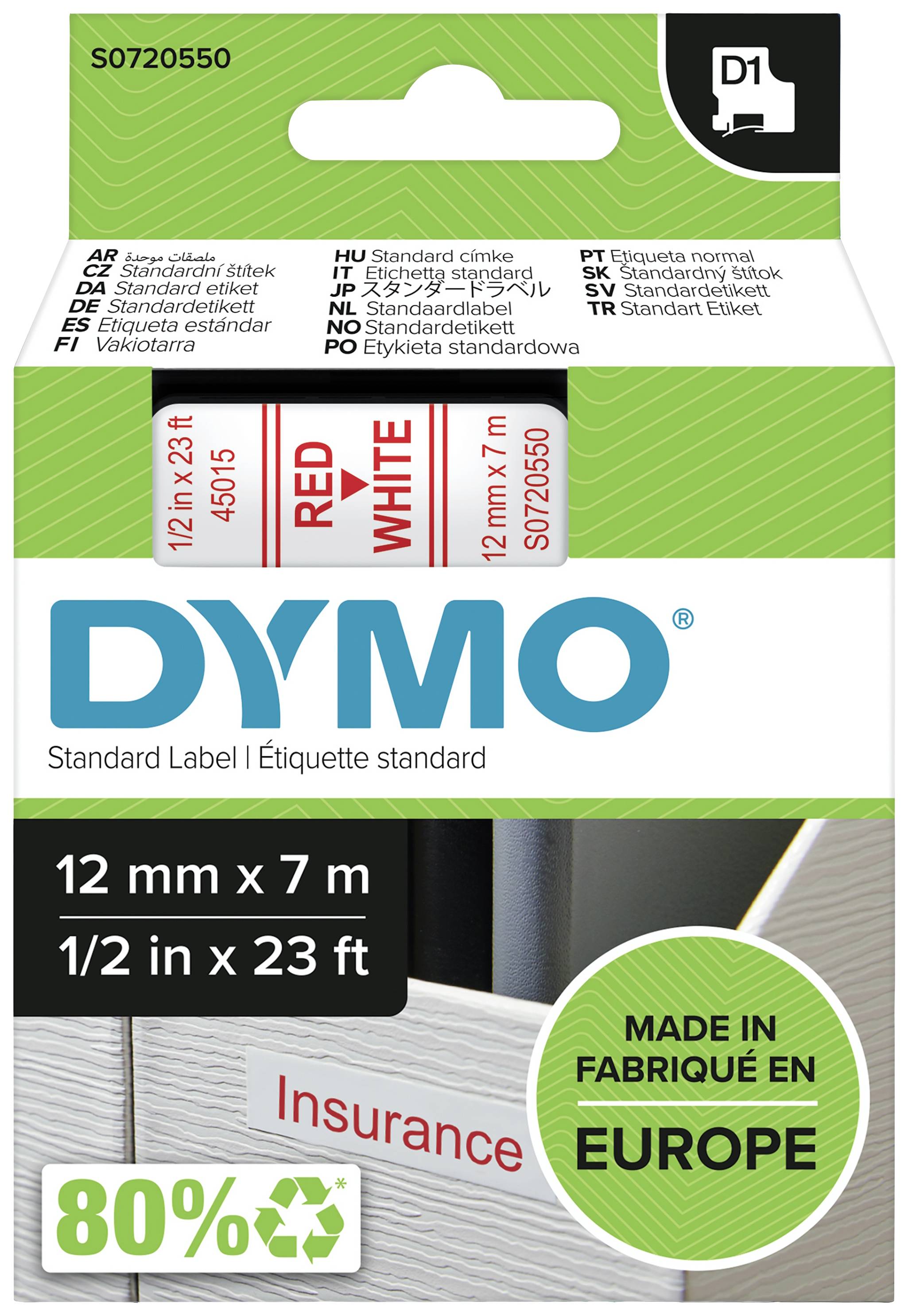 Etikete DYMO, 12 mm x 7 m, bijele s crvenim tekstom 'Insurance', izrađene u Europi, 80% recikliranog materijala.
