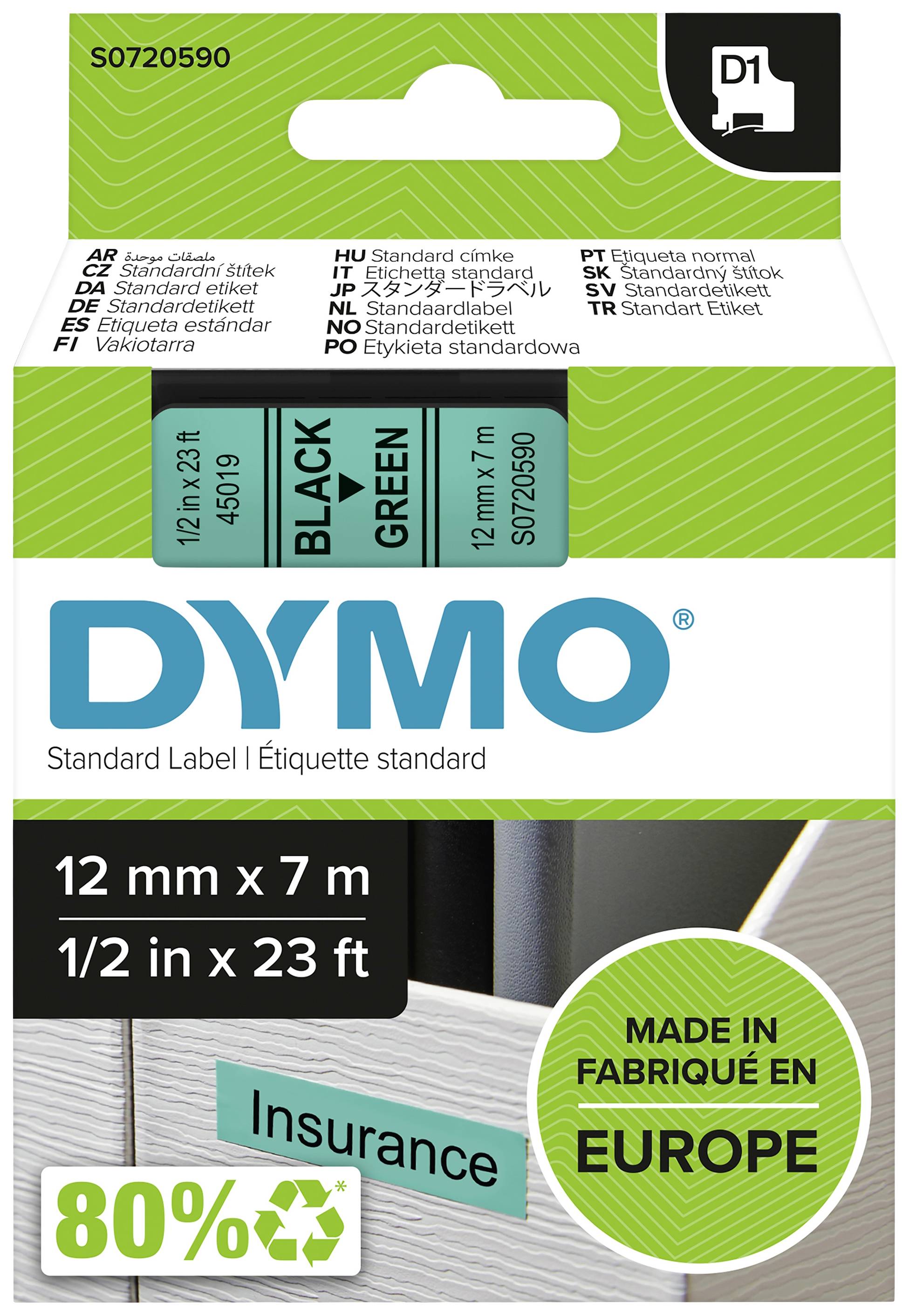 Traka za oznake za Dymo pisač, crna na zelenoj podlozi, 12 mm x 7 m, izrađena u Europi. Sadrži 80% recikliranog materijala.