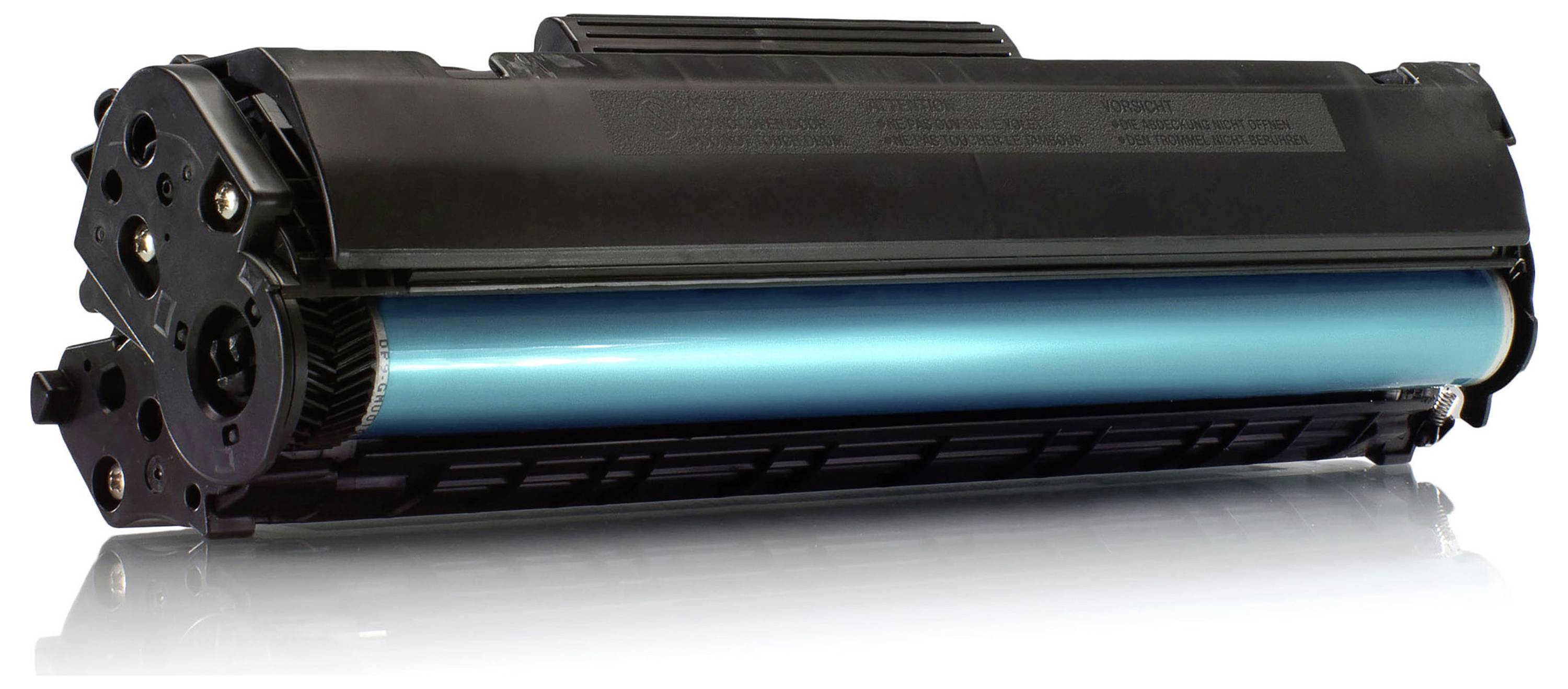 Crni toner/bubanj za laserski pisač s plavim valjkom, prikazan na bijeloj pozadini.