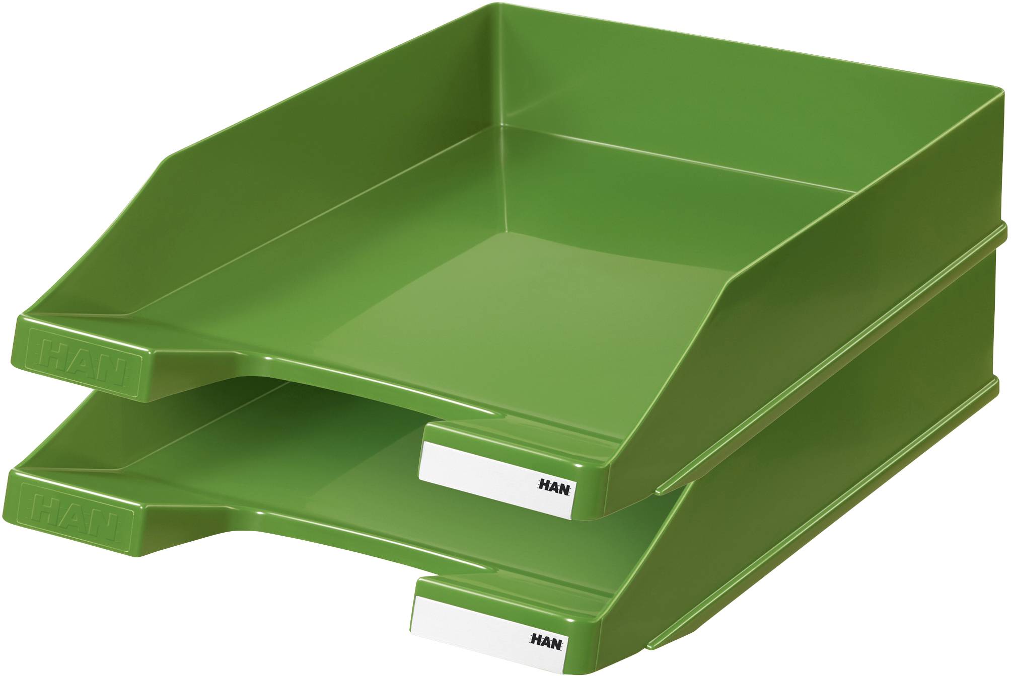 Dva zelena ladičara jedna iznad druge, za organizaciju dokumenata, sa straničnom oznakom 'HAN'.