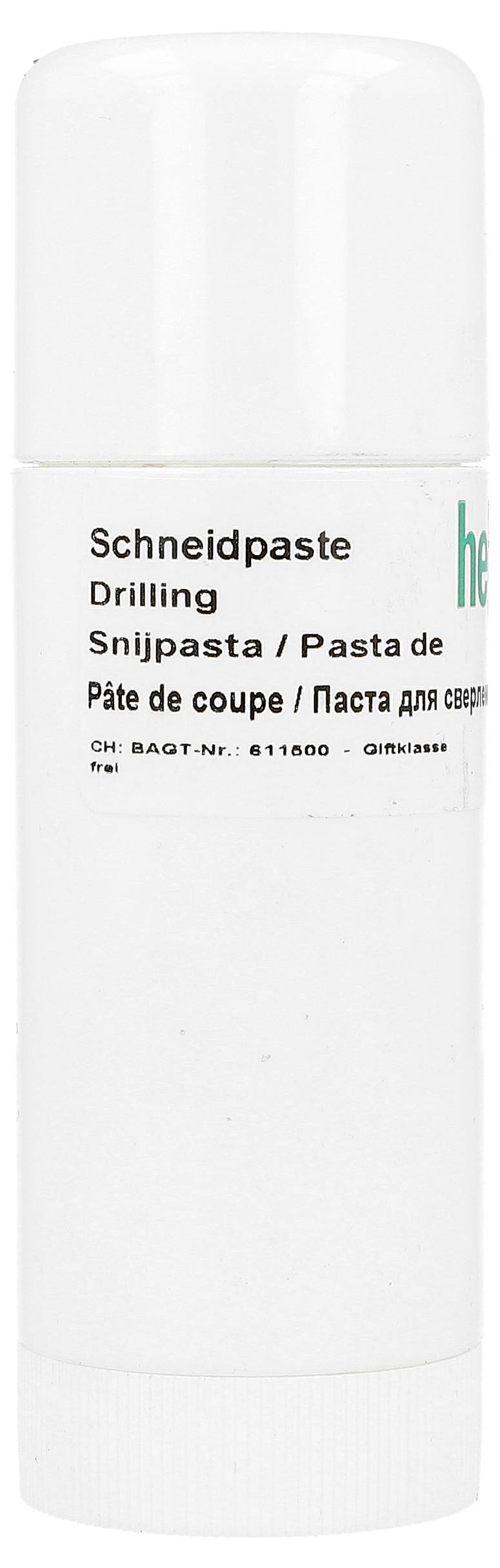 Bijela tuba označena sa 'Schneidpaste Drilling' i 'Snijpasta / Pasta de coupe / Паста для...' s bijelim čepom, prikazana na prostoj podlozi.