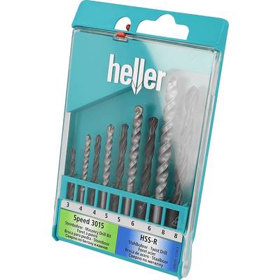 Pakirani Heller HSS-R set svrdala sa osam spiralnih svrdala veličina od 3 do 8, prikazan u tirkiznoj plastičnoj kutiji.