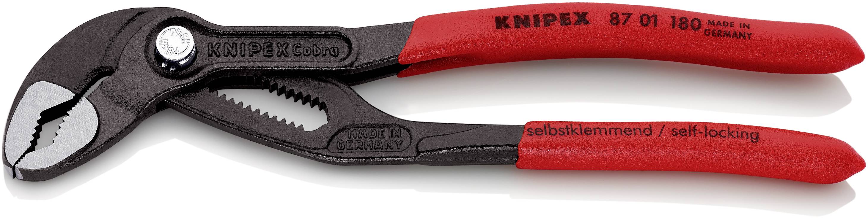 Vodene pumpne kliješta od metala s crvenim ručkama, marka 'Knipex', prikazuju otvorene čeljusti kliješta i zupčasti mehanizam.