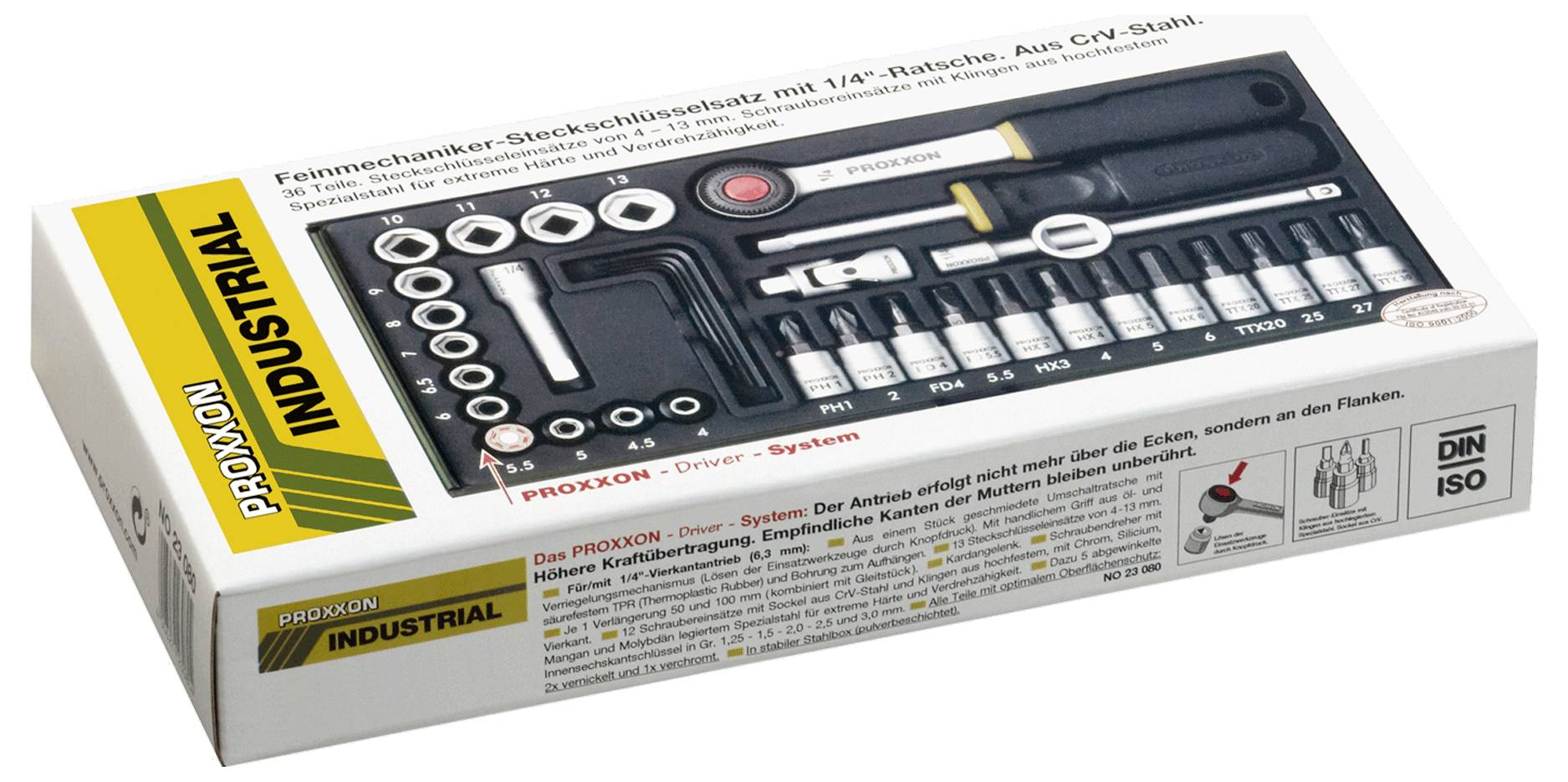Kompaktan Proxxon set alata koji uključuje račvasti ključ, razne nasadne ključeve i produžetke, namijenjen preciznim mehaničkim radovima.