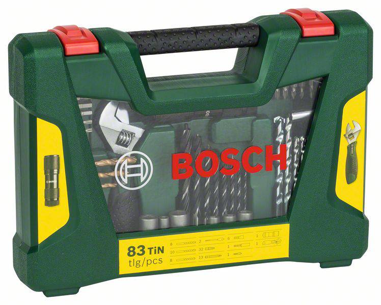 Boschov set alata s 83 dijela, uključujući bušilice, ključeve i opremu, u zelenom plastičnom kovčegu.