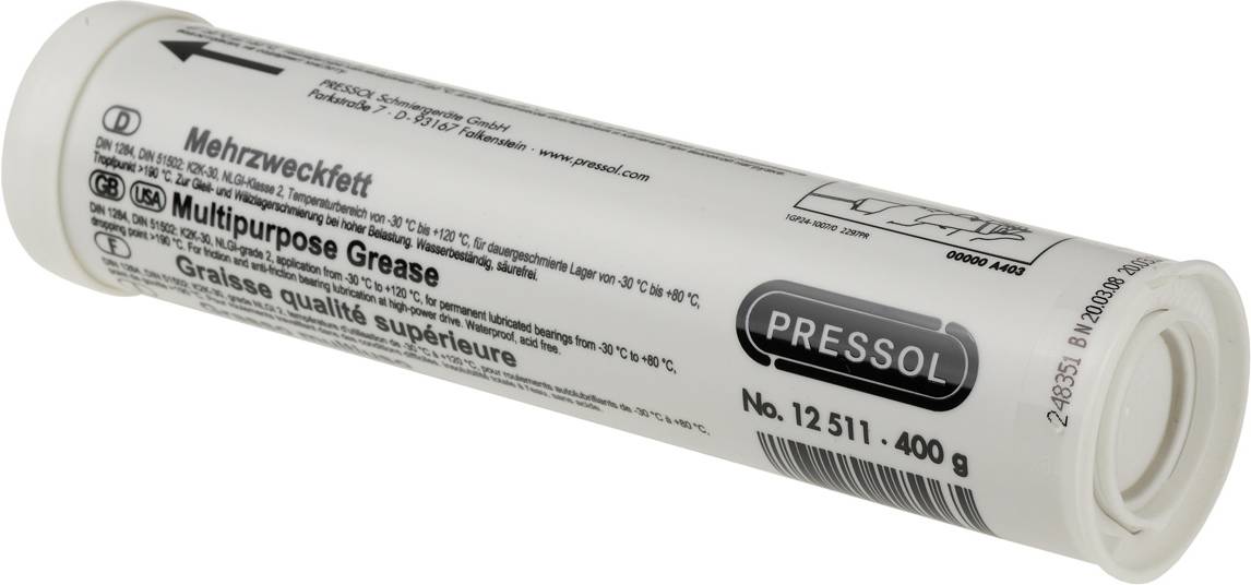 Bijela kartuša s natpisom 'Višenamjenski mast' i 'Multipurpose Grease', marke Pressol, 400 g, s detaljima proizvoda i uputama za upotrebu.