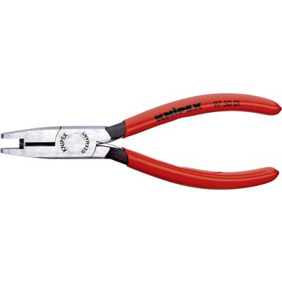 Crvena krimp kliješta Knipex iz nehrđajućeg čelika, podesna za elektrotehničke radove, s crnom izolacijom rukohvata i modelnim brojem 97 50 01.