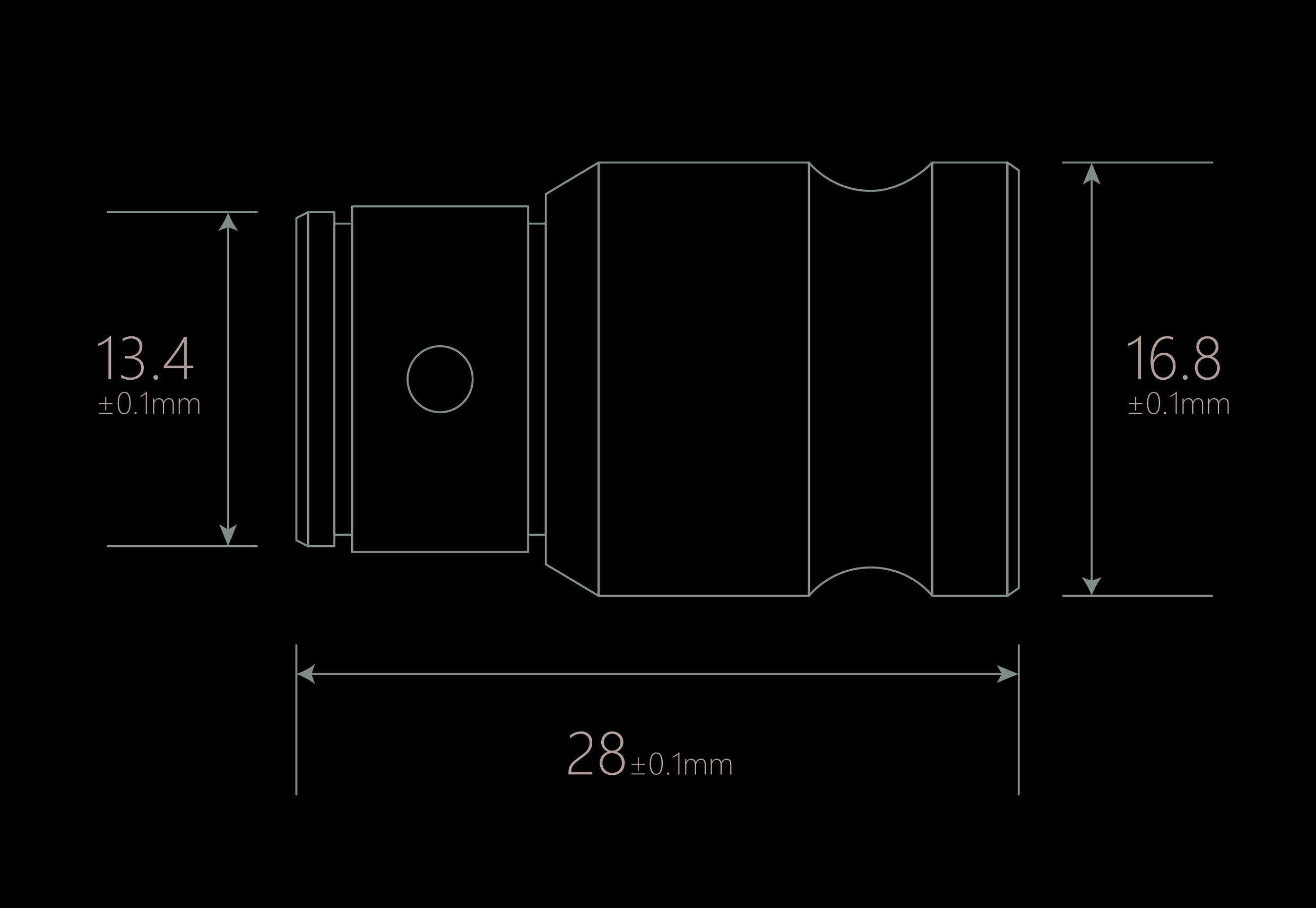 Tehnički nacrt cilindričnog dijela s dimenzijama 13,4 mm, 16,8 mm i duljinom 28 mm, tolerancije ±0,1 mm.