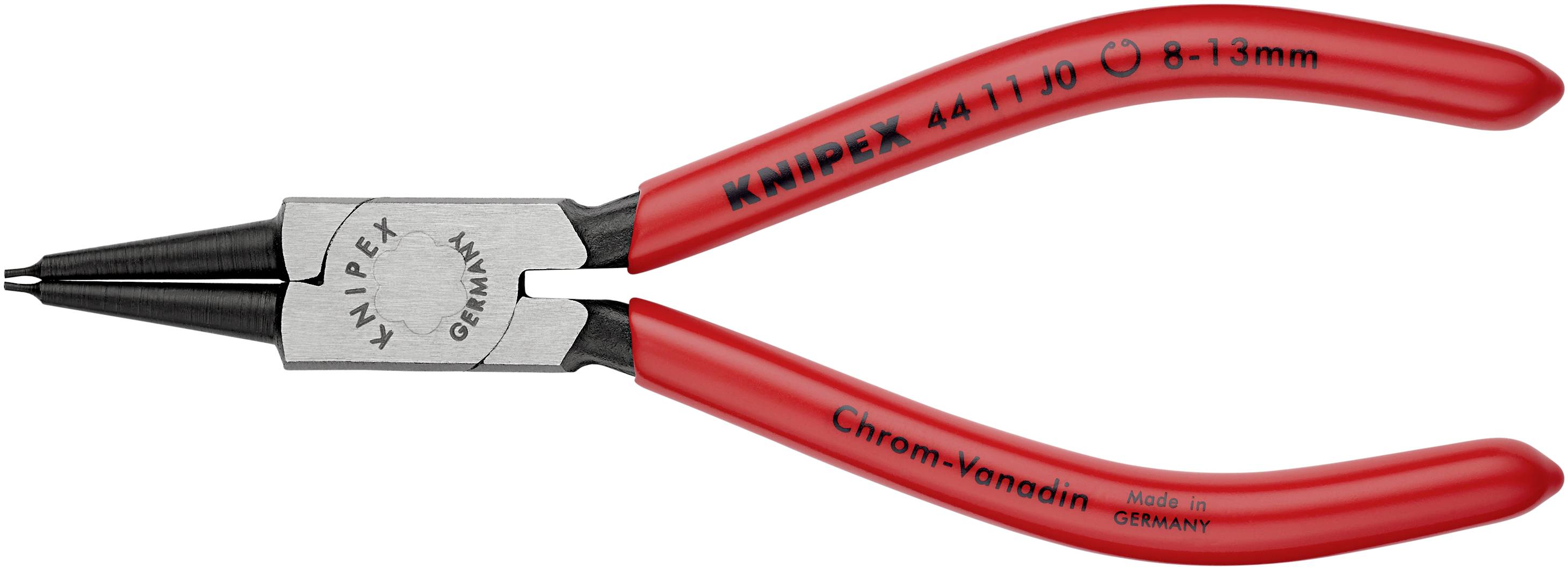 Crvene zaštitne kliješta za osigurače marke Knipex, model 44 11 J0, za unutarnje prstenove promjera 8-13 mm. Izrađeno u Njemačkoj.