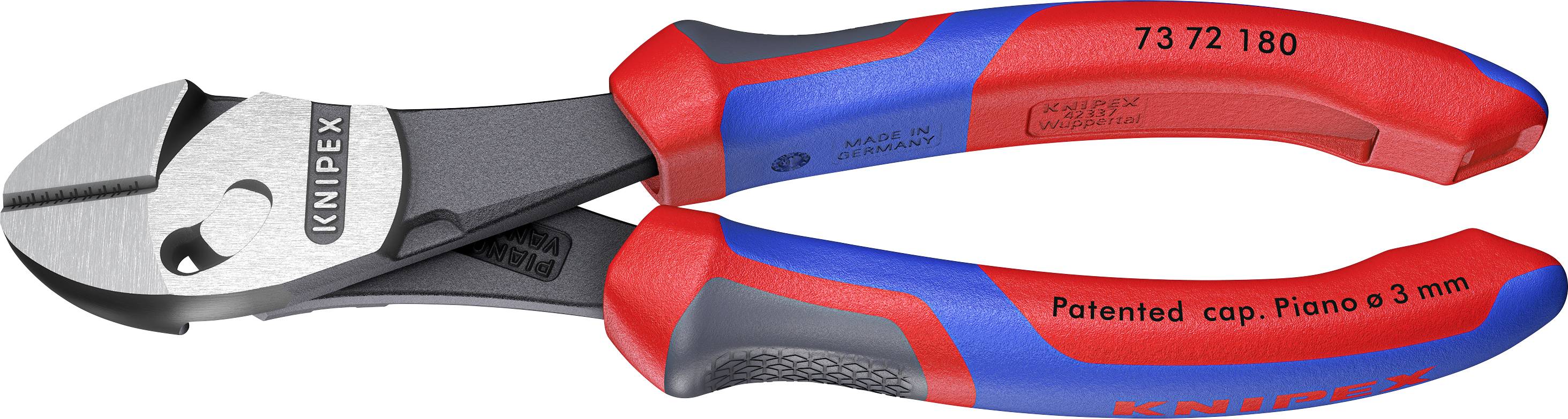 Knipex rezači u dijagonali s crvenim i plavim ručkama, označeni za rezanje pijanog žica do 3 mm.