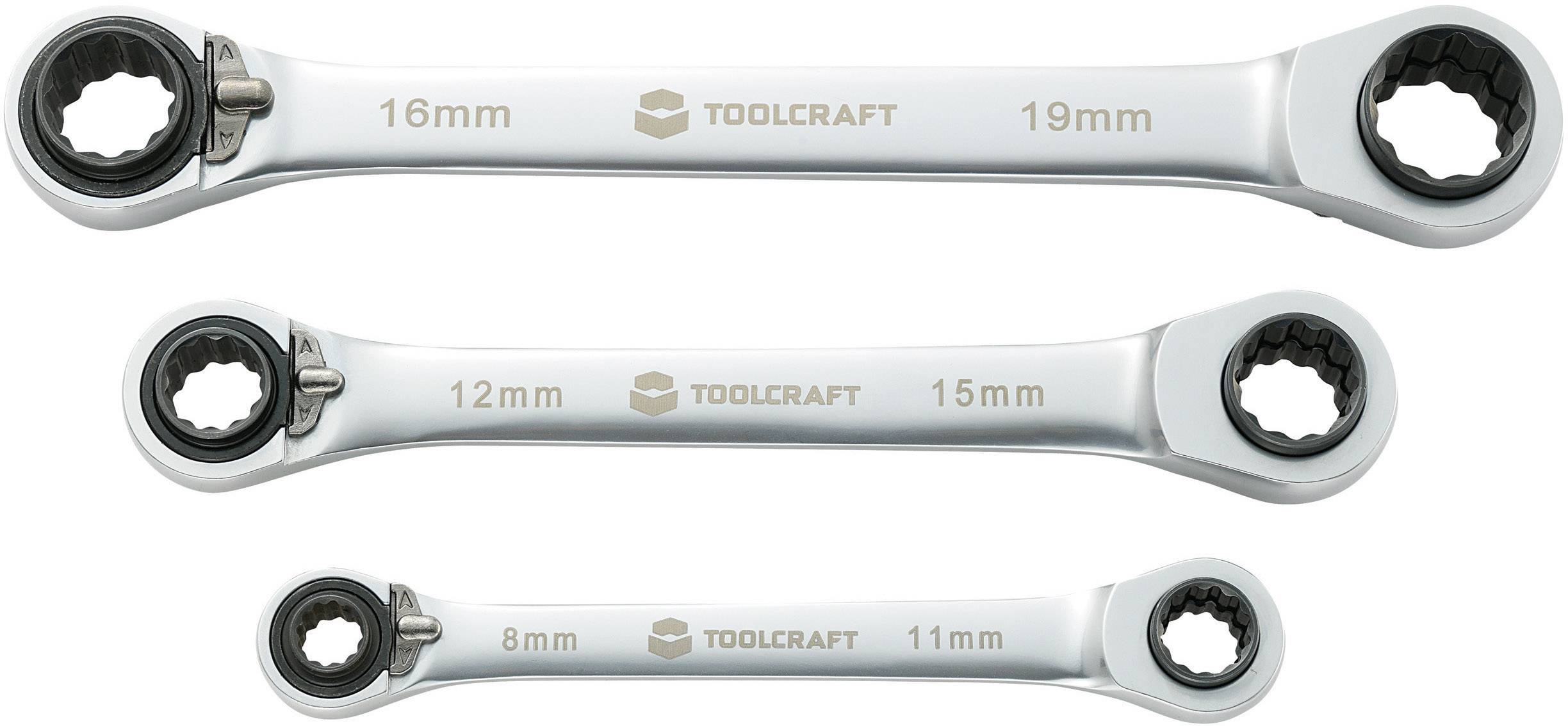 Set od tri srebrne zglobne vilice s ključem marke 'Toolcraft', veličina: 16-19 mm, 12-15 mm i 8-11 mm.