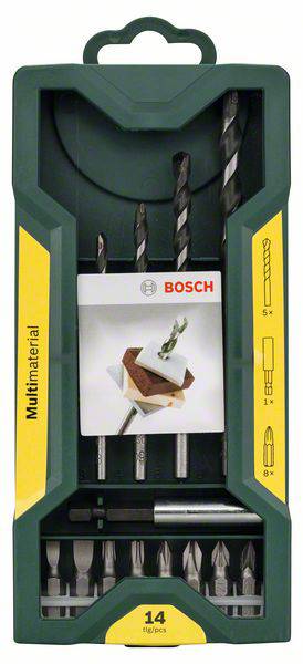 Bosch set bušilica i bitova od 14 dijelova za različite materijale. Sadrži bušilice za drvo, metal i ziđe te nastavke za odvijač.